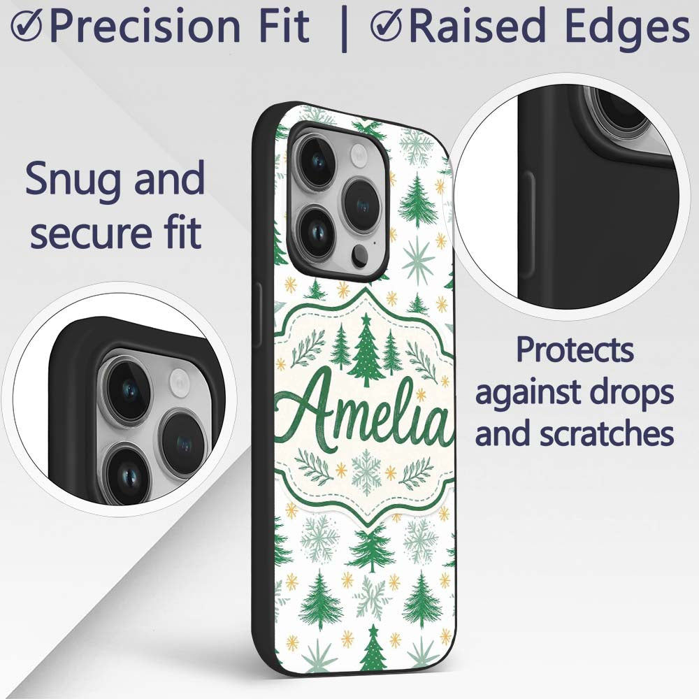 Minimal Christmas Trees with Decorative Design Custom Name Protective Phone Case Mobile Cover Durable Everyday Smartphone Shock Resistant