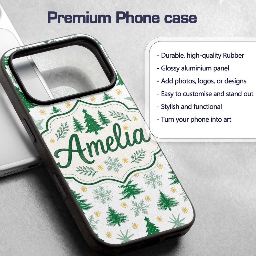 Minimal Christmas Trees with Decorative Design Custom Name Protective Phone Case Mobile Cover Durable Everyday Smartphone Shock Resistant