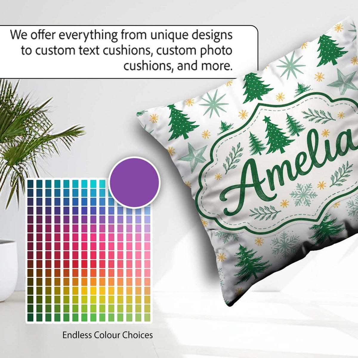 Custom Name Minimal Christmas Trees with Snowflakes and Seamless Square Filled Cushion Throw Pillow Sofa Bed Home Decor Zip Washable UK Made