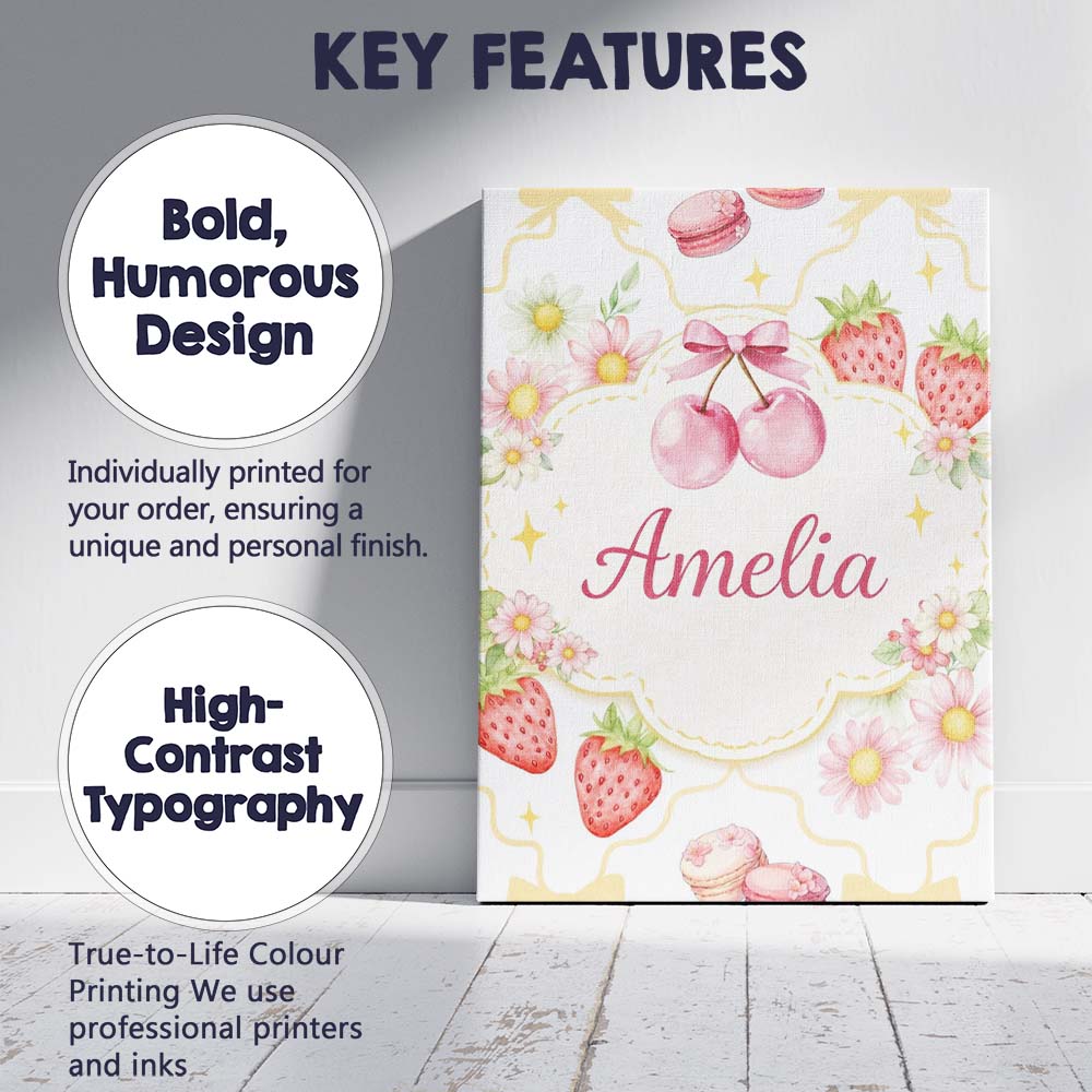 Personalised Name Strawberry Cherry Daisy White Yellow Outline Cute Custom Canvas Wall Art Print Decor Picture Ready to Hang