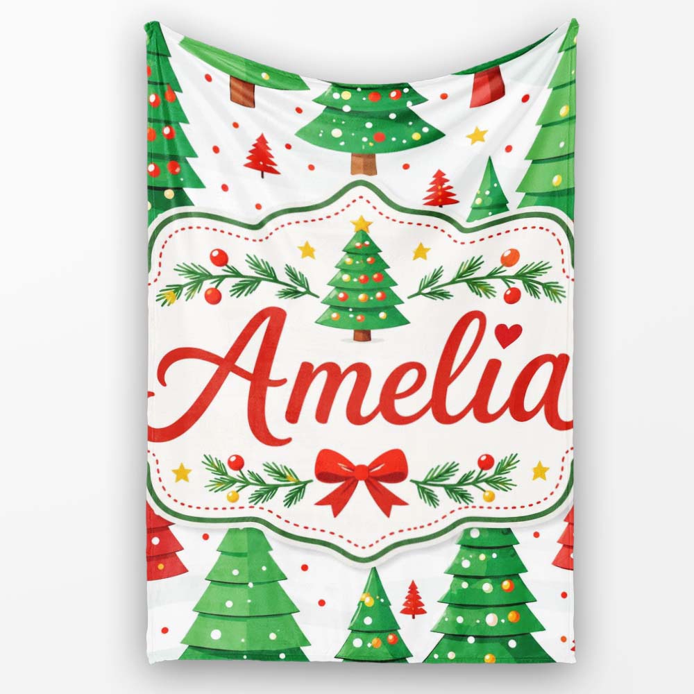 Modern Christmas Trees in Red and Green Winter Scene Seamless Lovely Personalised Custom Name Super Soft Fleece Blanket Bed Sofa Throw