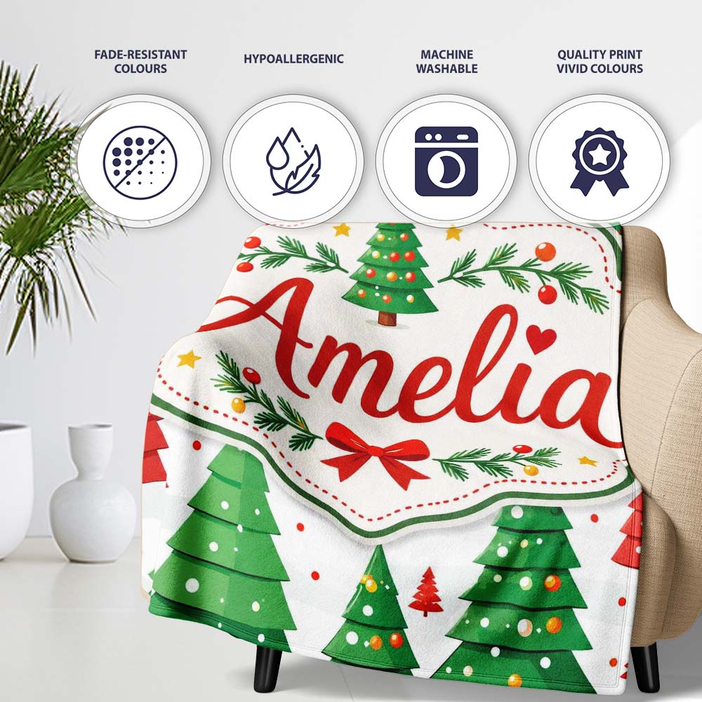 Modern Christmas Trees in Red and Green Winter Scene Seamless Lovely Personalised Custom Name Super Soft Fleece Blanket Bed Sofa Throw