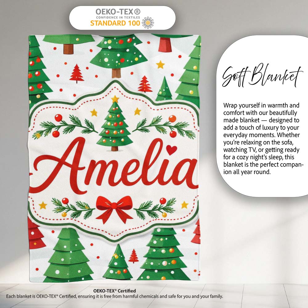 Modern Christmas Trees in Red and Green Winter Scene Seamless Lovely Personalised Custom Name Super Soft Fleece Blanket Bed Sofa Throw