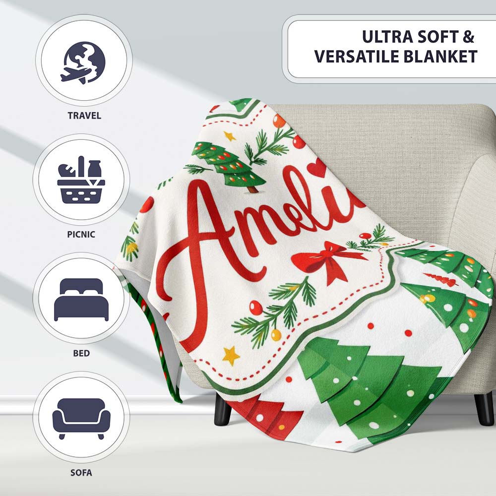 Modern Christmas Trees in Red and Green Winter Scene Seamless Lovely Personalised Custom Name Super Soft Fleece Blanket Bed Sofa Throw