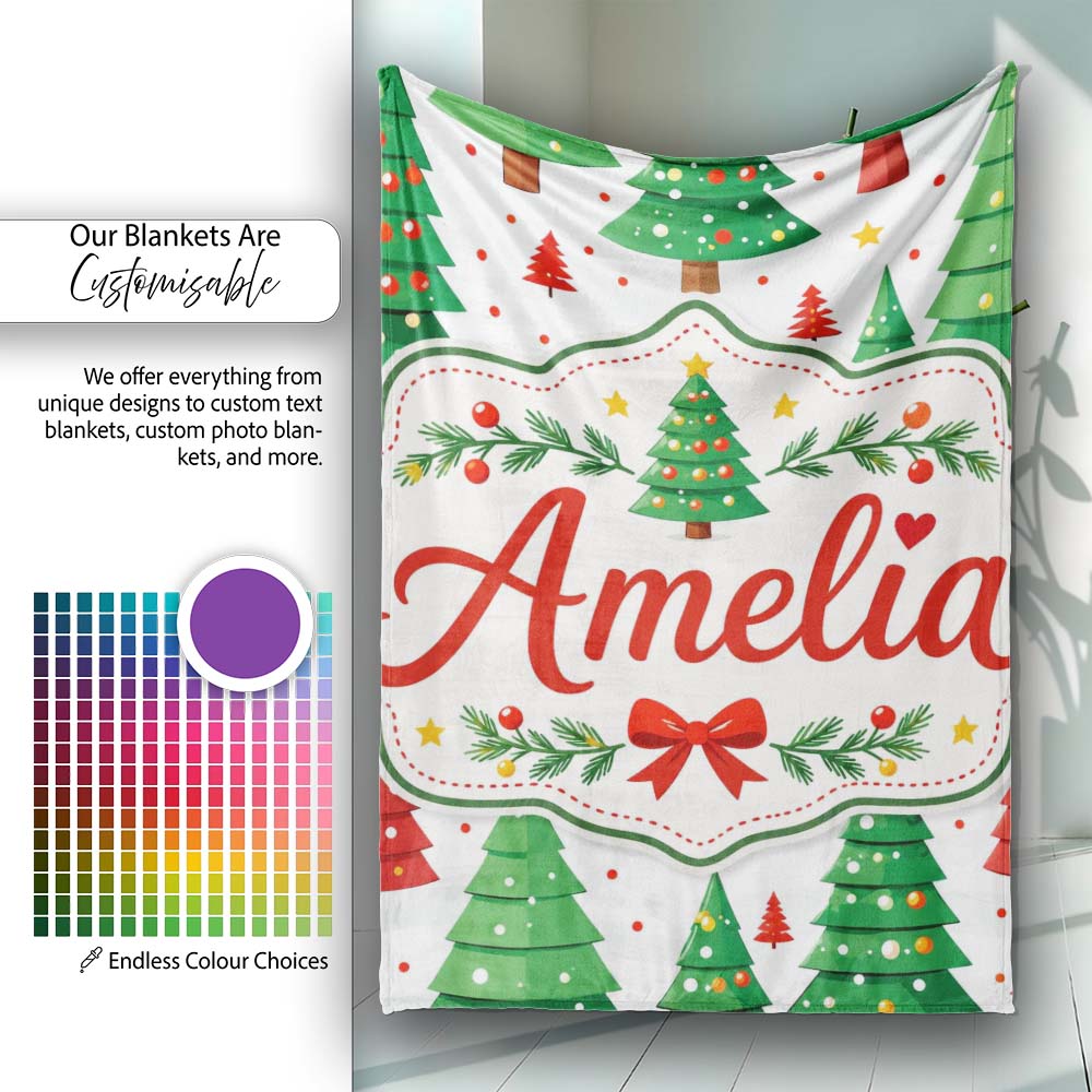 Modern Christmas Trees in Red and Green Winter Scene Seamless Lovely Personalised Custom Name Super Soft Fleece Blanket Bed Sofa Throw