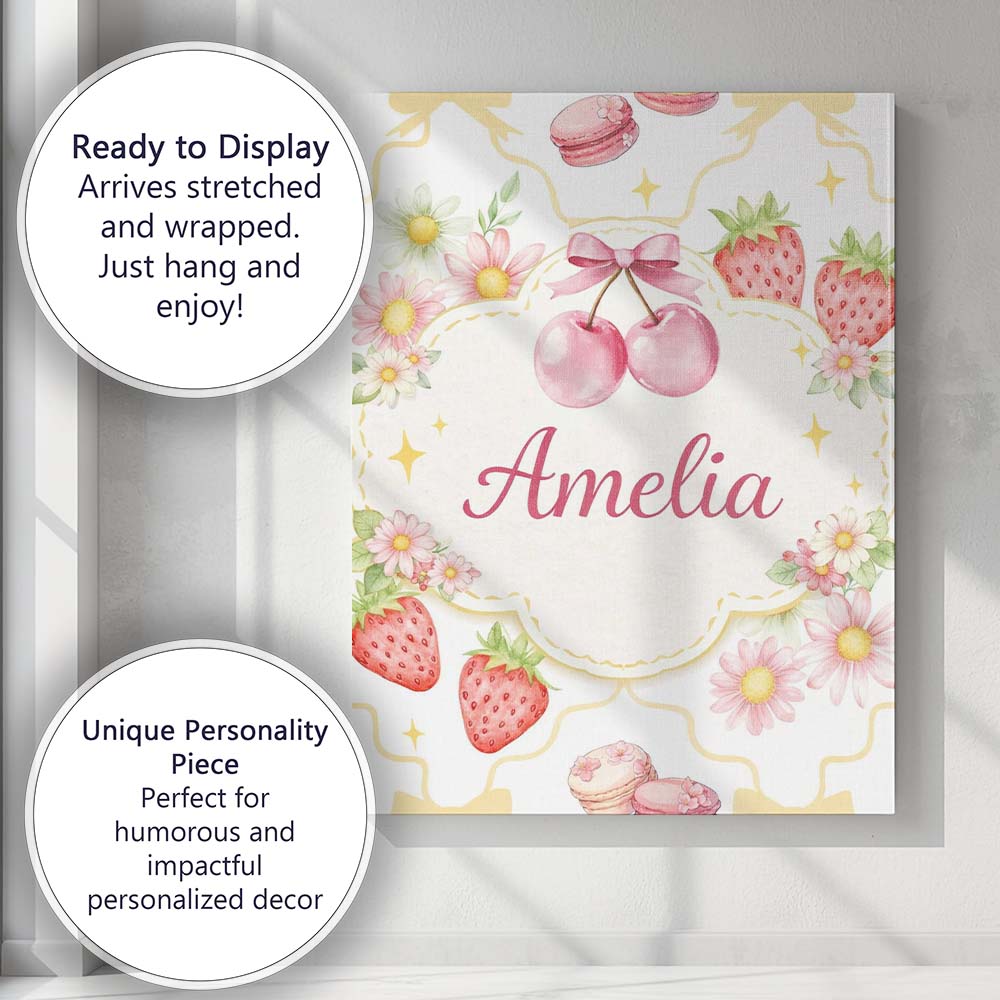 Personalised Name Strawberry Cherry Daisy White Yellow Outline Cute Custom Canvas Wall Art Print Decor Picture Ready to Hang