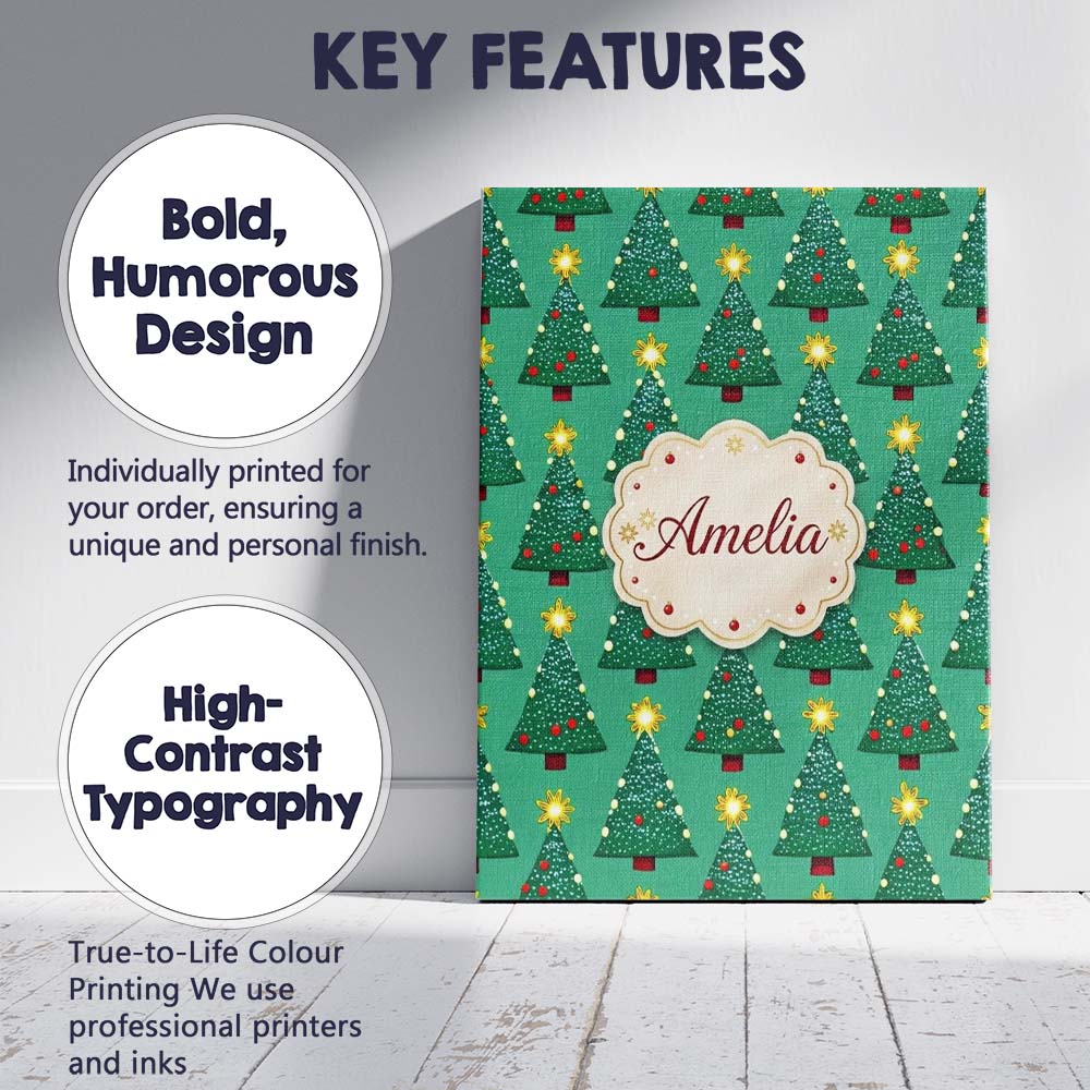 Personalised Name Festive Christmas Trees Custom Unique Gift Idea Elegant Feature Canvas Wall Art Print Decor Picture Ready to Hang