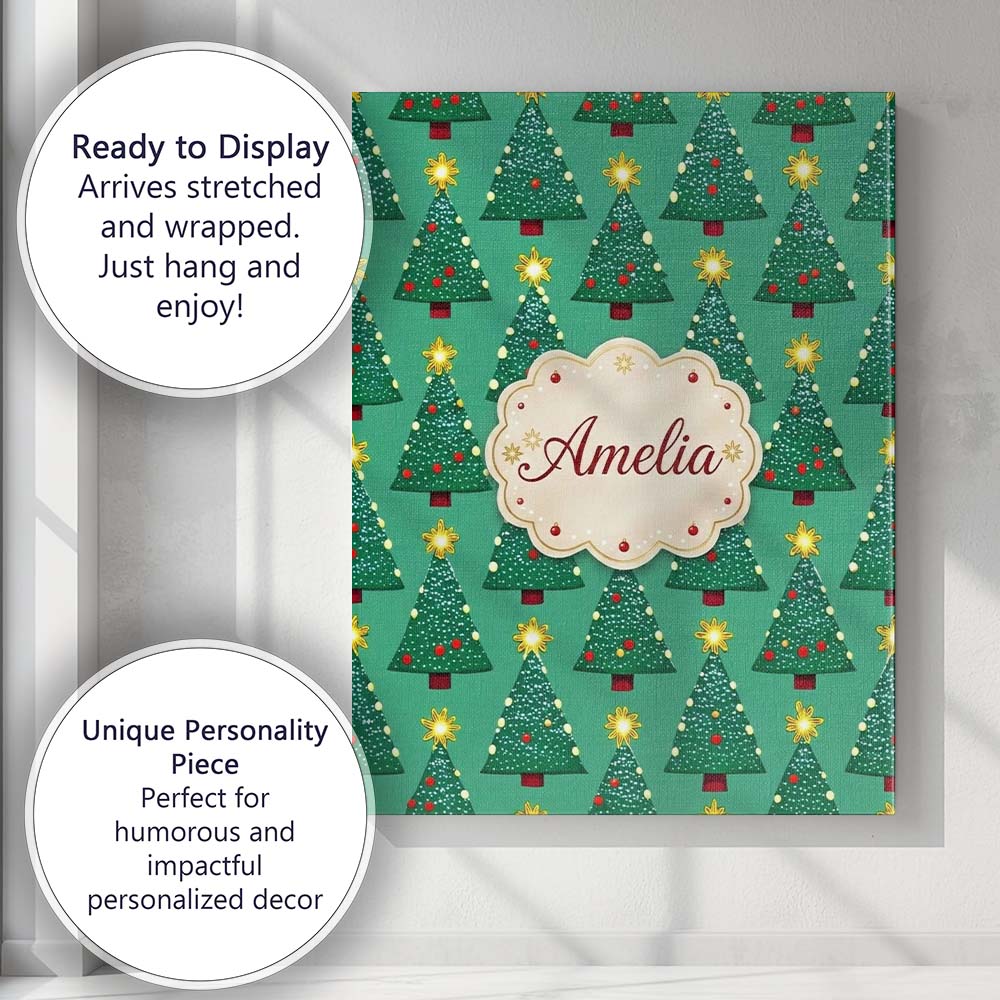 Personalised Name Festive Christmas Trees Custom Unique Gift Idea Elegant Feature Canvas Wall Art Print Decor Picture Ready to Hang