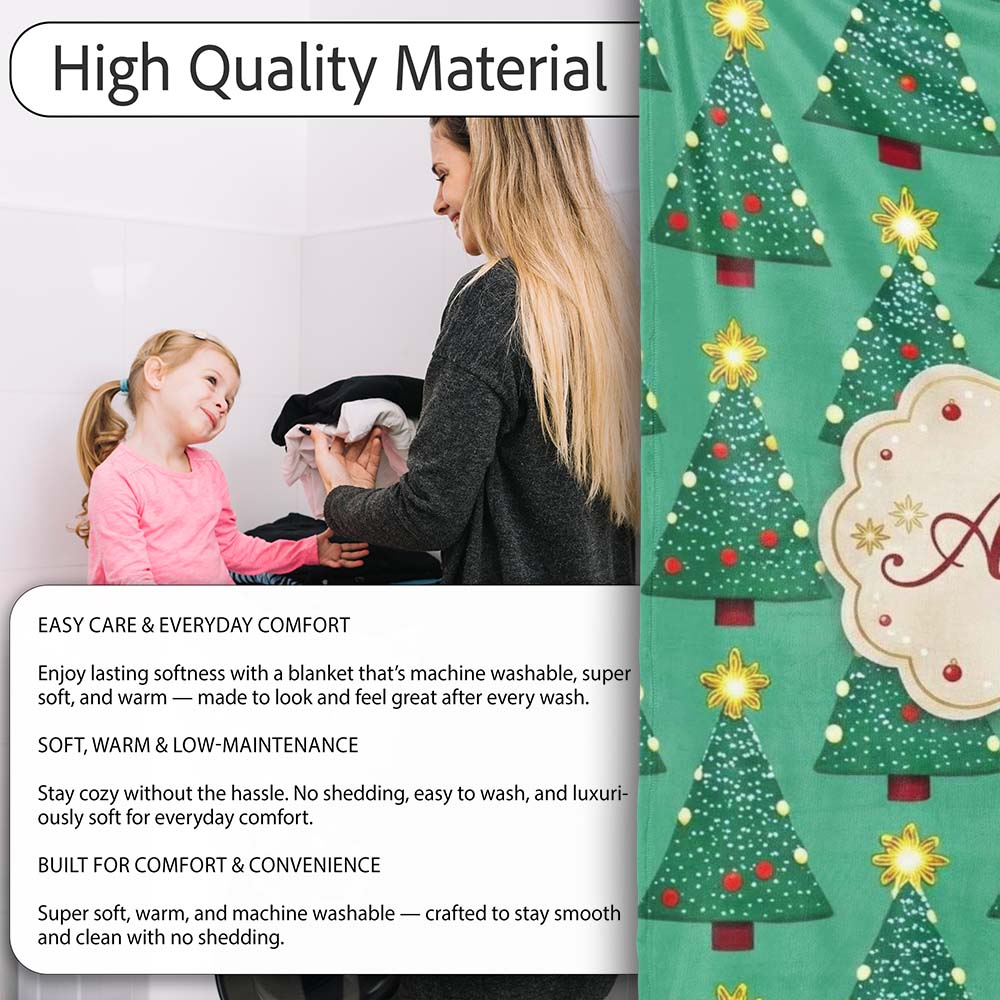 Festive Christmas Trees with Yellow Stars on Green Background Lovely Personalised Custom Name Super Soft Fleece Blanket Bed Sofa Throw