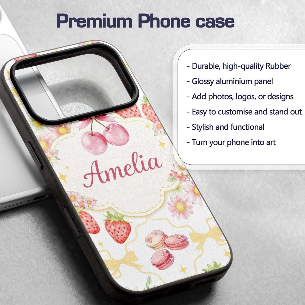 Strawberry Cherry Daisy White Yellow Outline Cute Custom Name Protective Phone Case Mobile Cover Durable Everyday Smartphone Shock Resistant