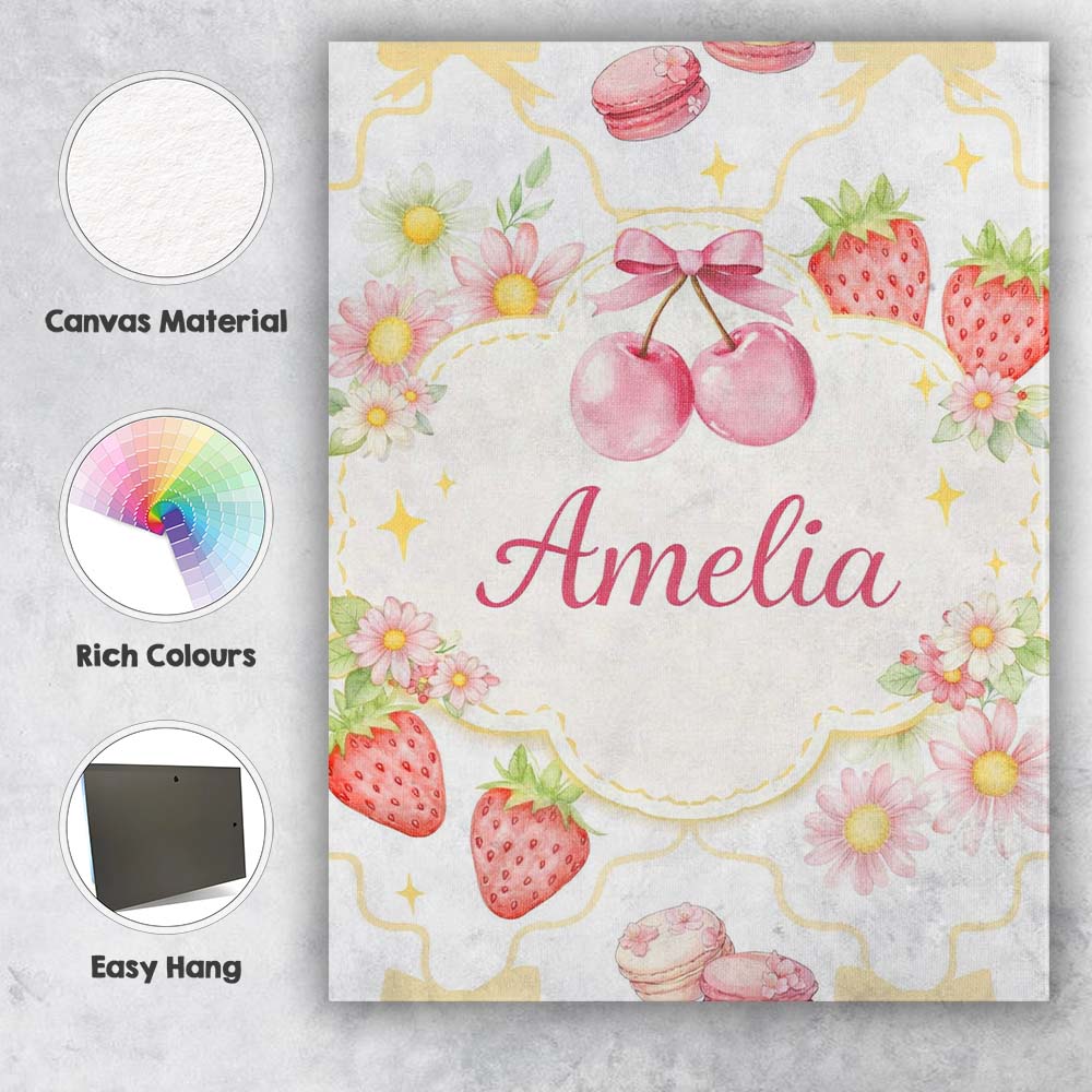 Personalised Name Strawberry Cherry Daisy White Yellow Outline Cute Custom Canvas Wall Art Print Decor Picture Ready to Hang