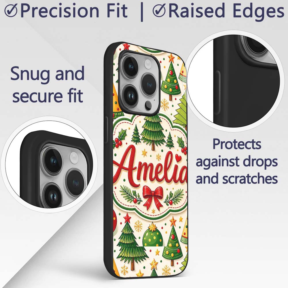 Stylized Christmas Trees with Printed Design Custom Name Protective Phone Case Mobile Cover Durable Everyday Smartphone Shock Resistant