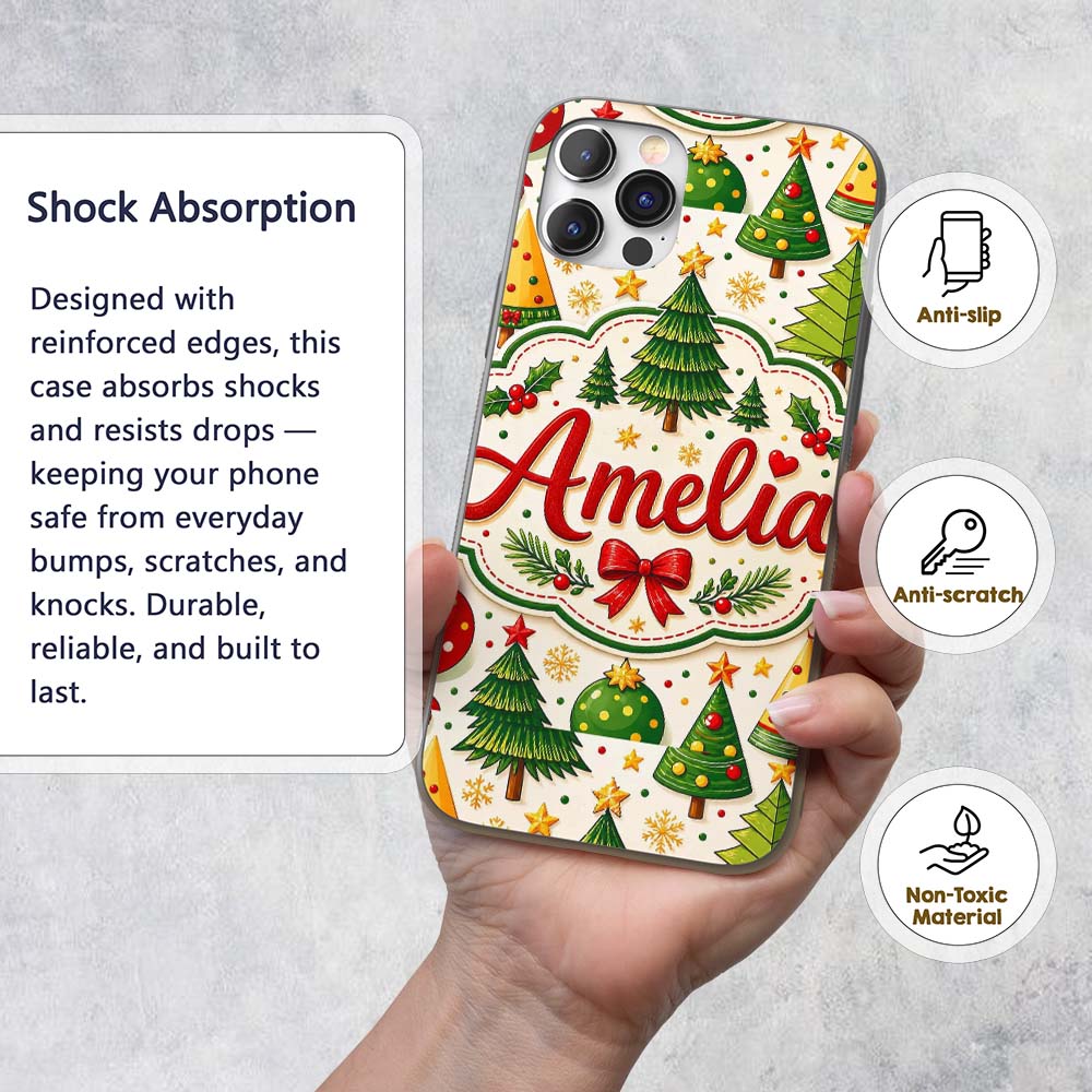 Stylized Christmas Trees with Printed Design Custom Name Protective Phone Case Mobile Cover Durable Everyday Smartphone Shock Resistant