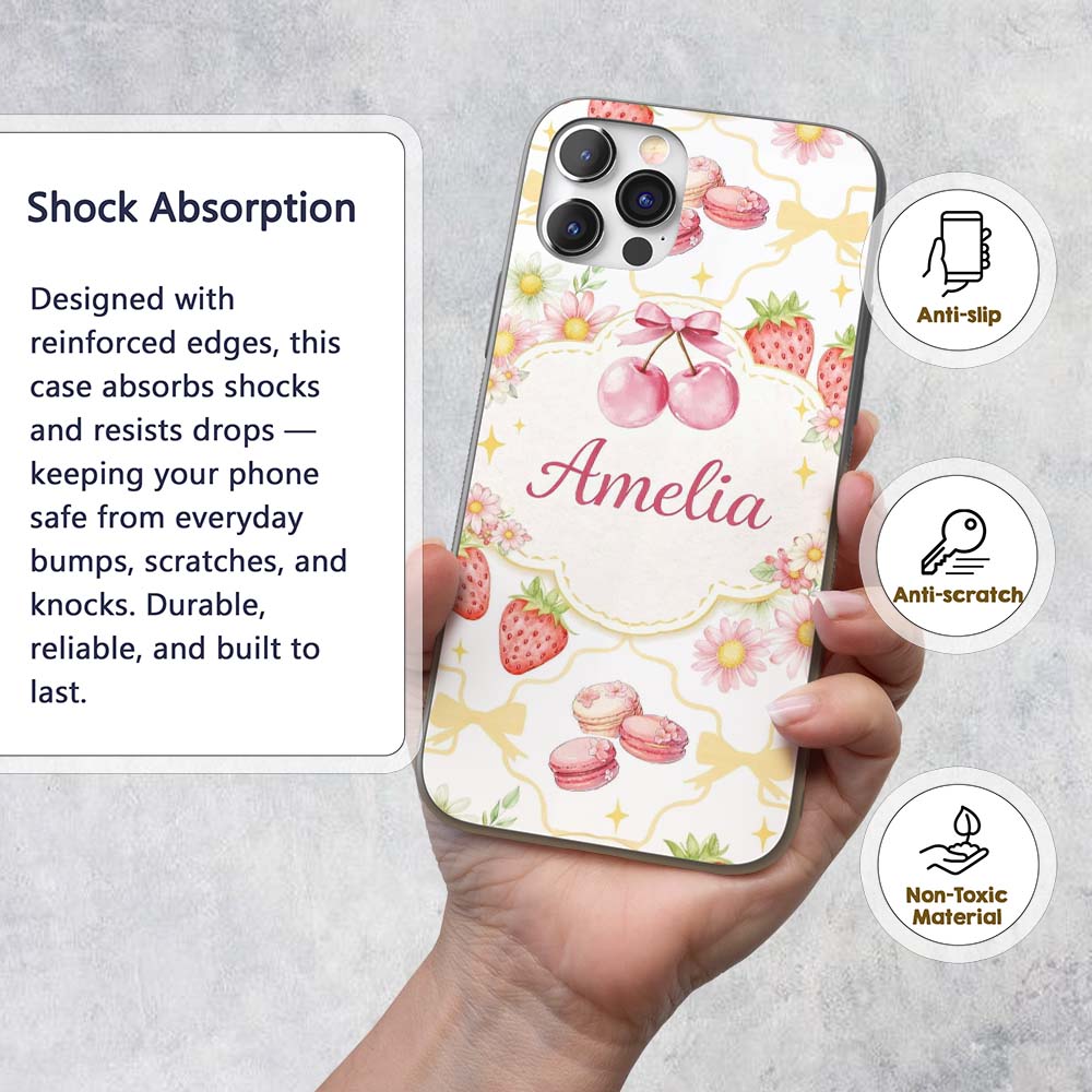 Strawberry Cherry Daisy White Yellow Outline Cute Custom Name Protective Phone Case Mobile Cover Durable Everyday Smartphone Shock Resistant