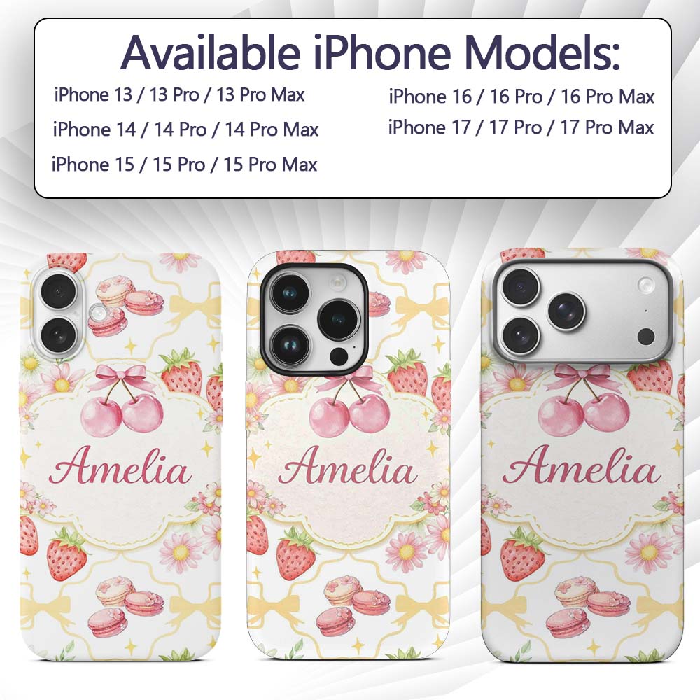 Strawberry Cherry Daisy White Yellow Outline Cute Custom Name Protective Phone Case Mobile Cover Durable Everyday Smartphone Shock Resistant