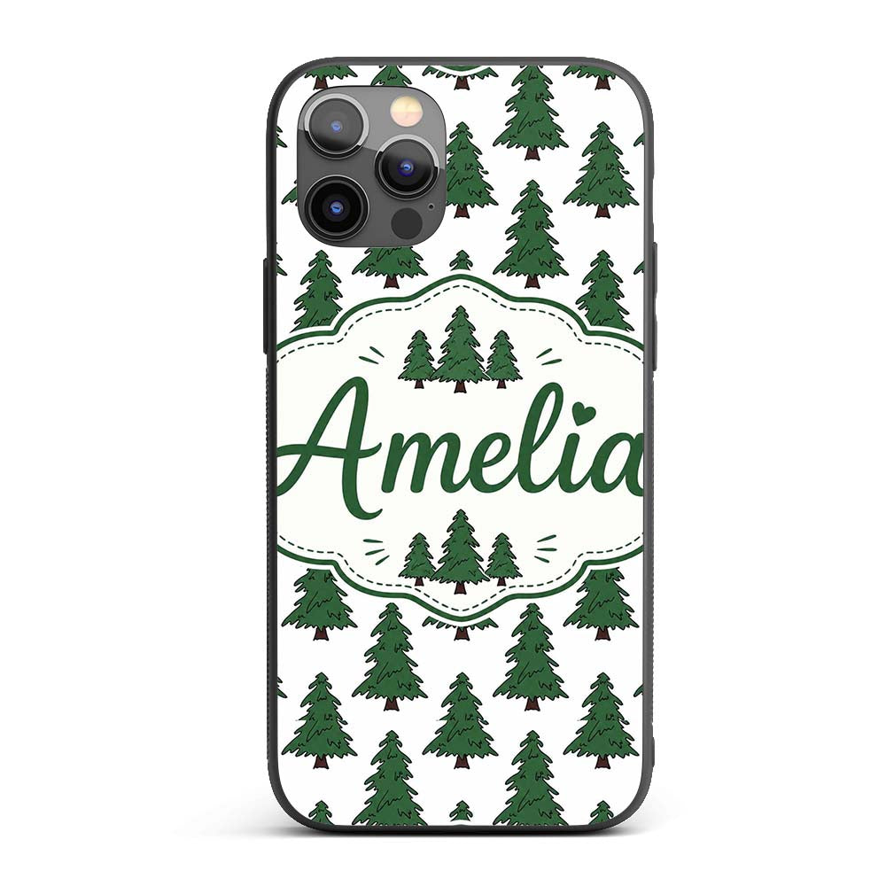 Simple Hand Drawn Green Christmas Trees Minimal Custom Name Protective Phone Case Mobile Cover Durable Everyday Smartphone Shock Resistant