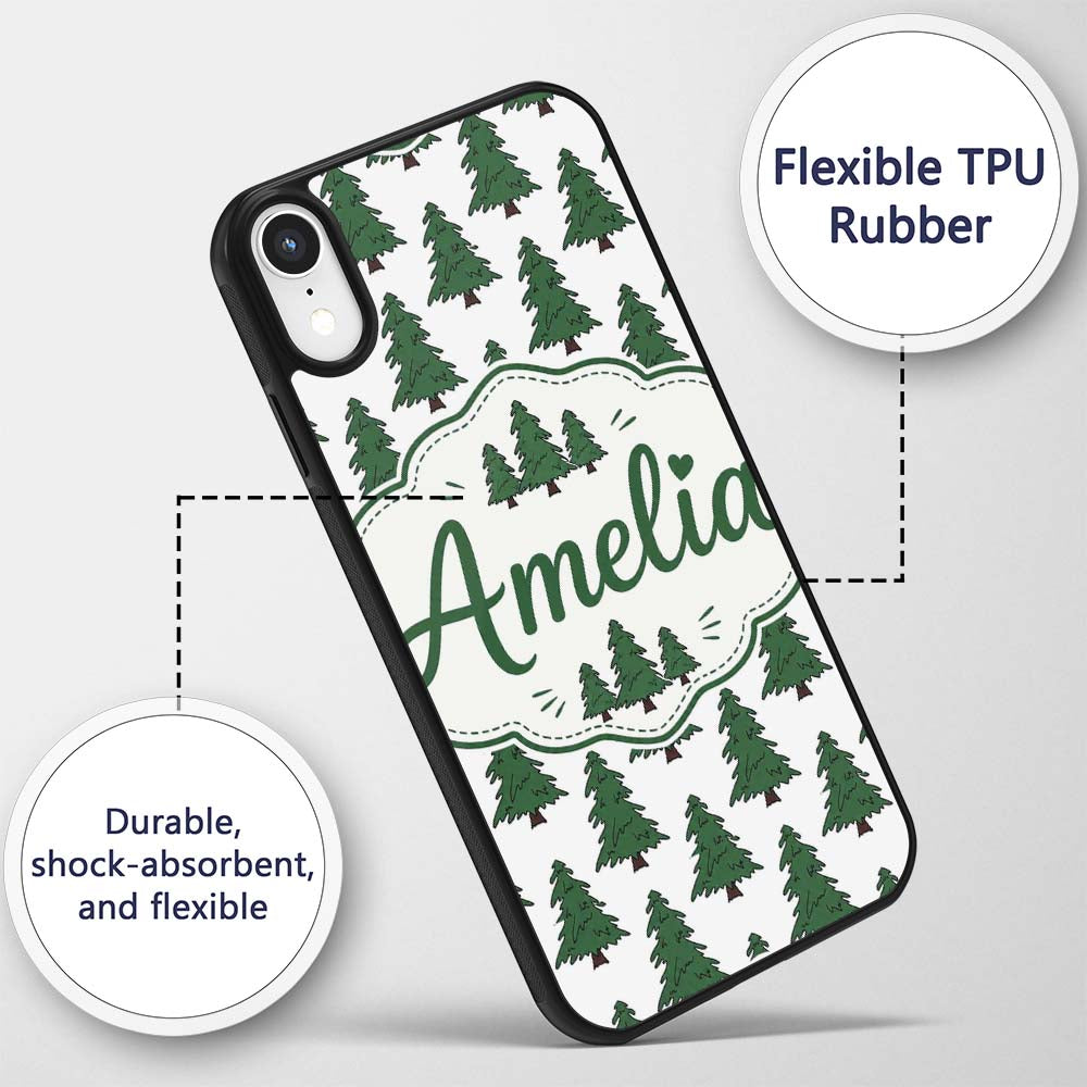 Simple Hand Drawn Green Christmas Trees Minimal Custom Name Protective Phone Case Mobile Cover Durable Everyday Smartphone Shock Resistant