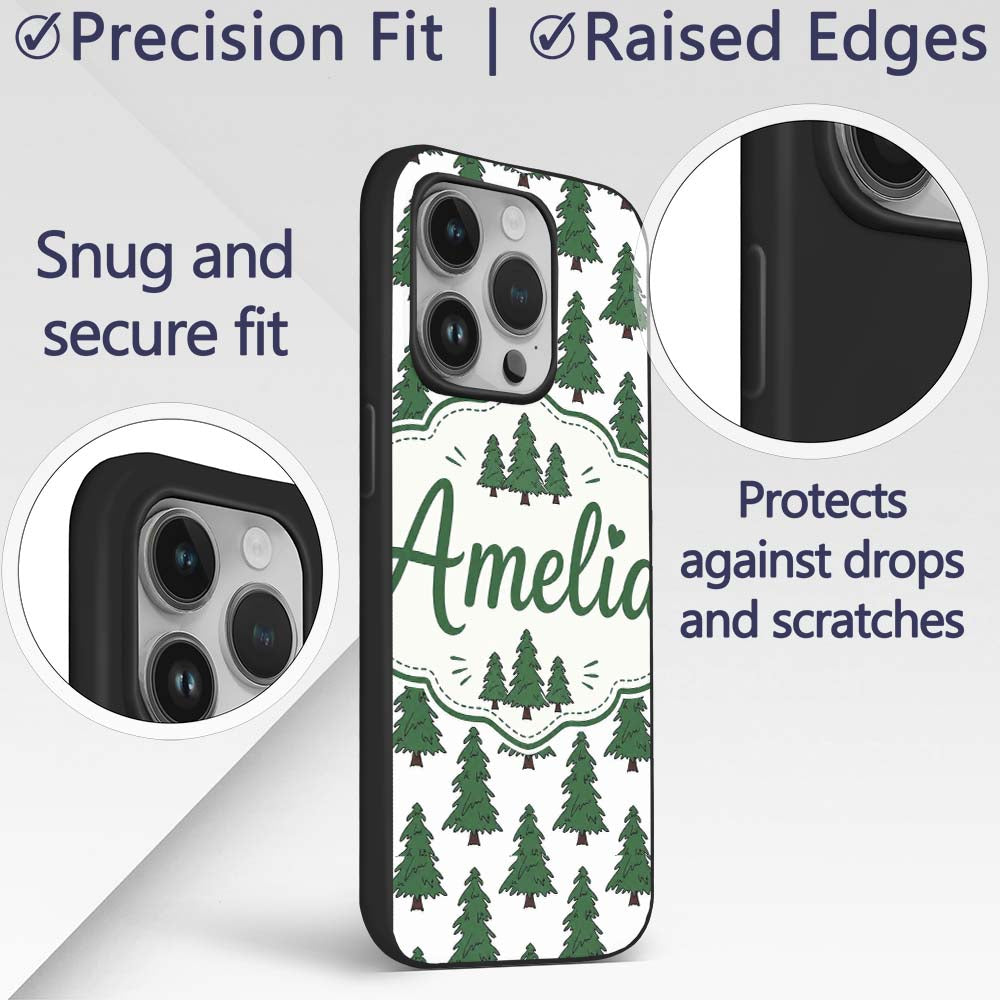Simple Hand Drawn Green Christmas Trees Minimal Custom Name Protective Phone Case Mobile Cover Durable Everyday Smartphone Shock Resistant
