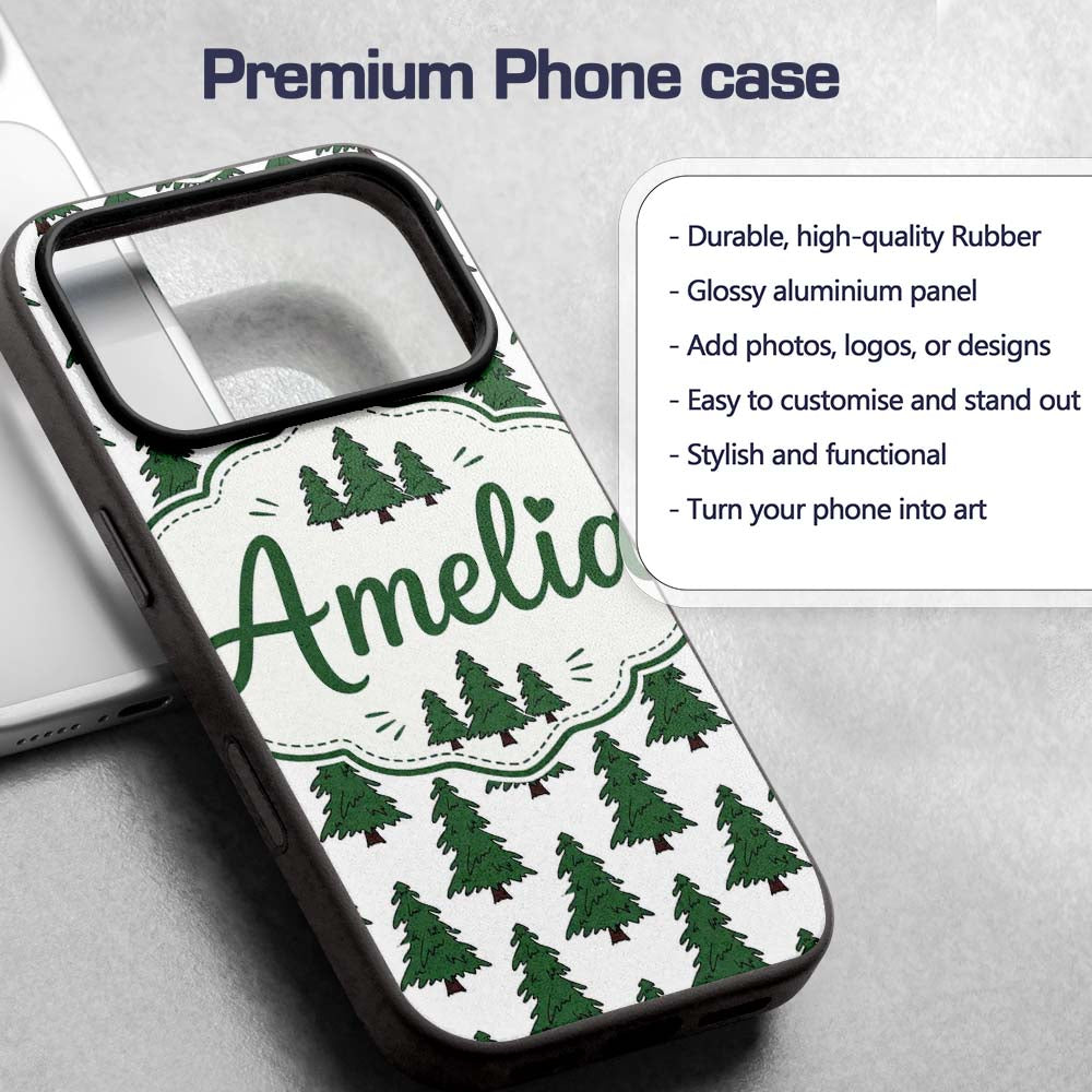 Simple Hand Drawn Green Christmas Trees Minimal Custom Name Protective Phone Case Mobile Cover Durable Everyday Smartphone Shock Resistant