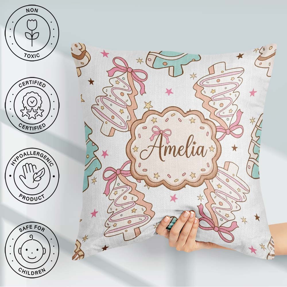 Custom Name Cute Tree Cookies with Icing and Bows Sweet Festive Square Filled Cushion Throw Pillow Sofa Bed Home Decor Zip Washable UK Made