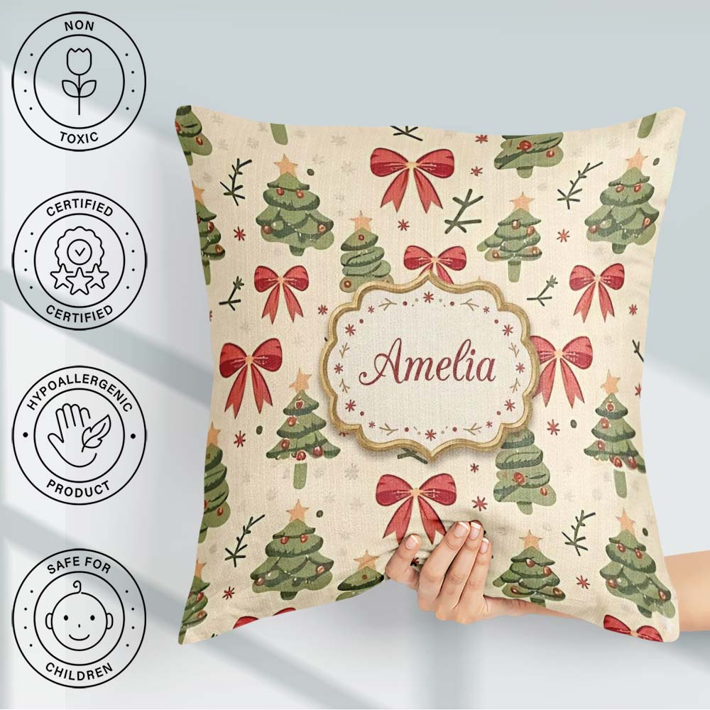 Custom Name Watercolor Christmas Tree with Red Bows and Elements Square Filled Cushion Throw Pillow Sofa Bed Home Decor Zip Washable UK Made