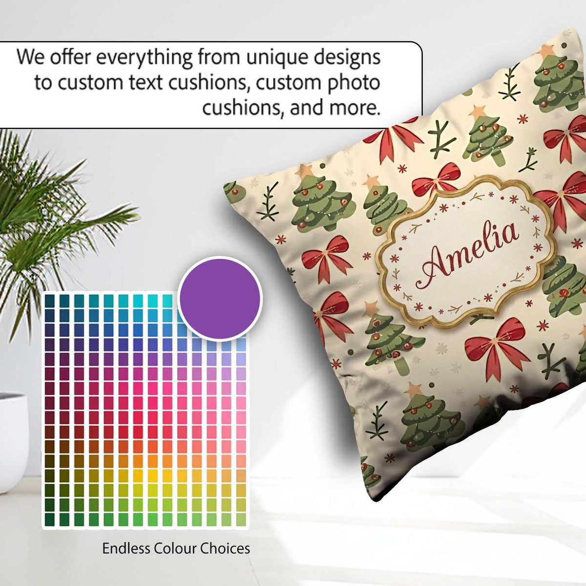 Custom Name Watercolor Christmas Tree with Red Bows and Elements Square Filled Cushion Throw Pillow Sofa Bed Home Decor Zip Washable UK Made