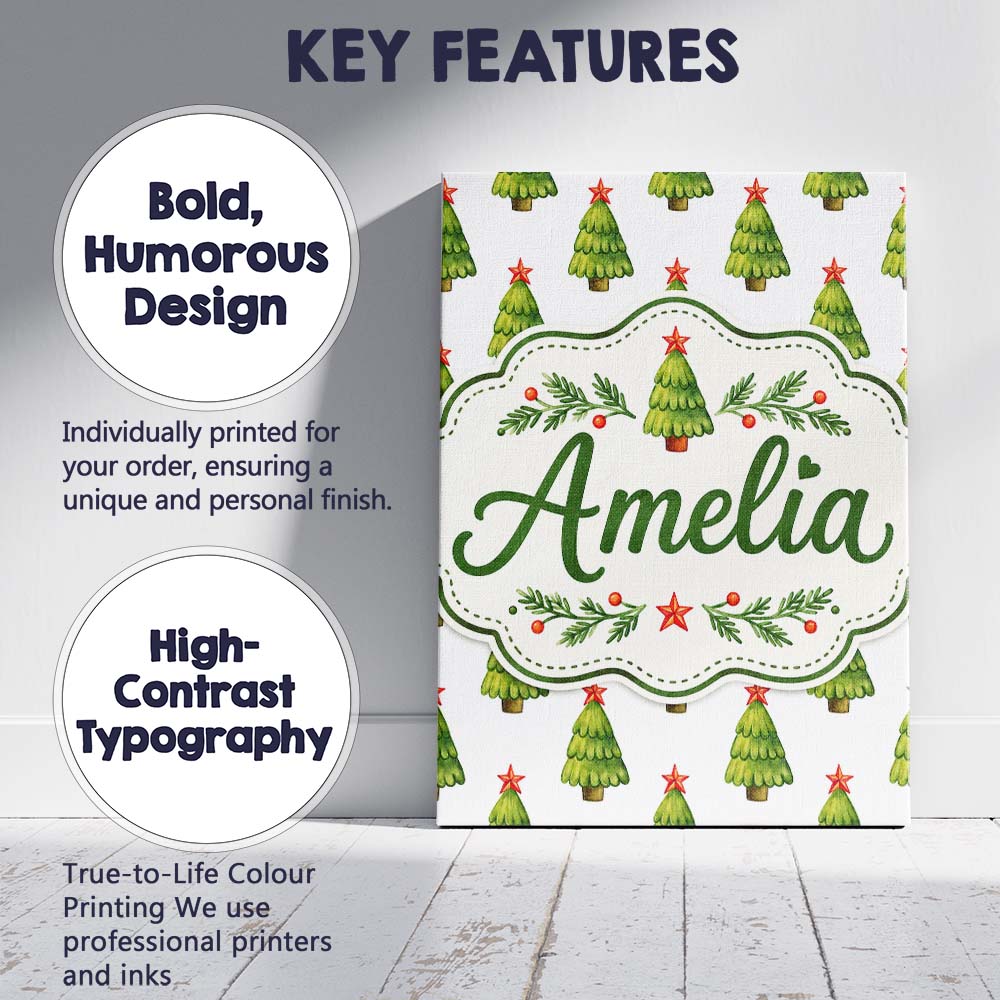 Personalised Name Watercolor Christmas Custom Modern Room Accent Elegant Feature Canvas Wall Art Print Decor Picture Ready to Hang