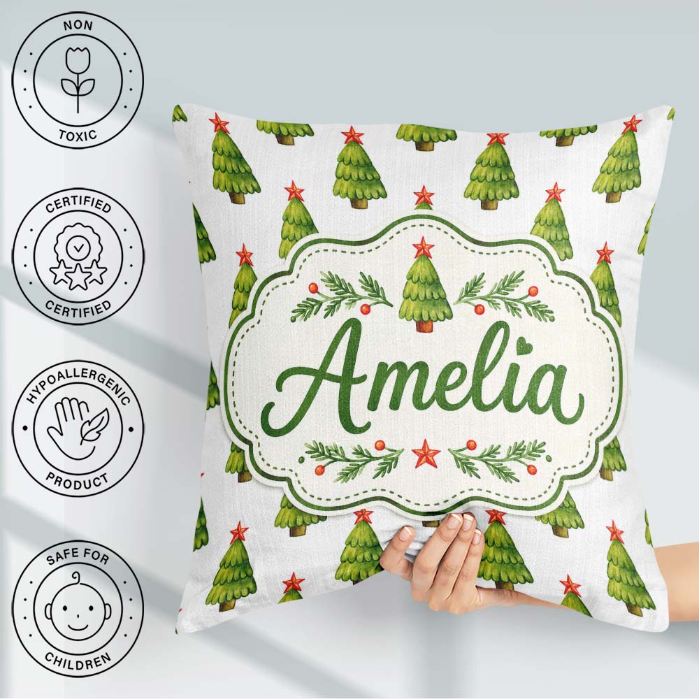 Custom Name Watercolor Christmas Trees with Star Toppers Festive Square Filled Cushion Throw Pillow Sofa Bed Home Decor Zip Washable UK Made