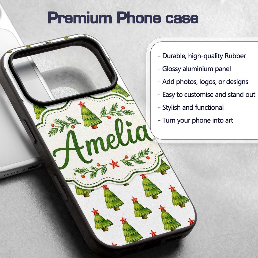 Watercolor Christmas Trees with Red Star Toppers Custom Name Protective Phone Case Mobile Cover Durable Everyday Smartphone Shock Resistant