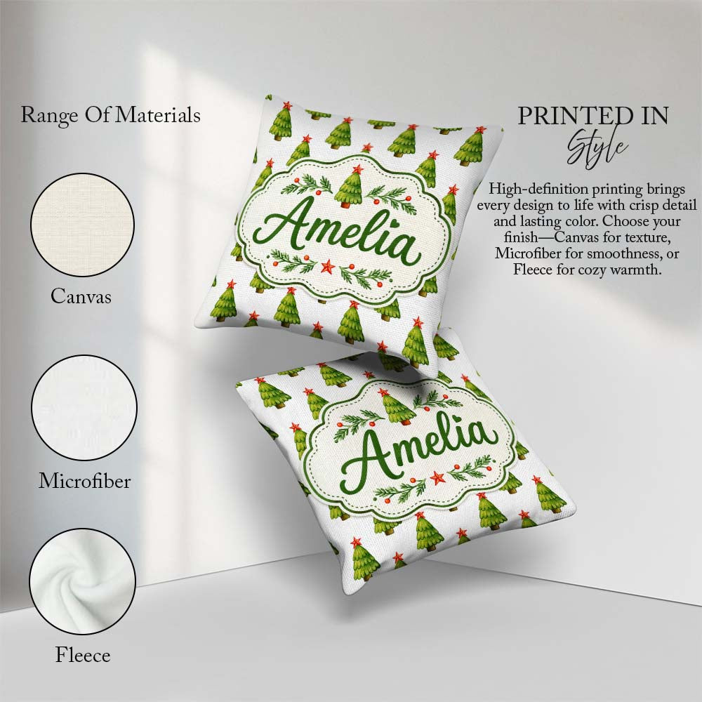 Custom Name Watercolor Christmas Trees with Star Toppers Festive Square Filled Cushion Throw Pillow Sofa Bed Home Decor Zip Washable UK Made