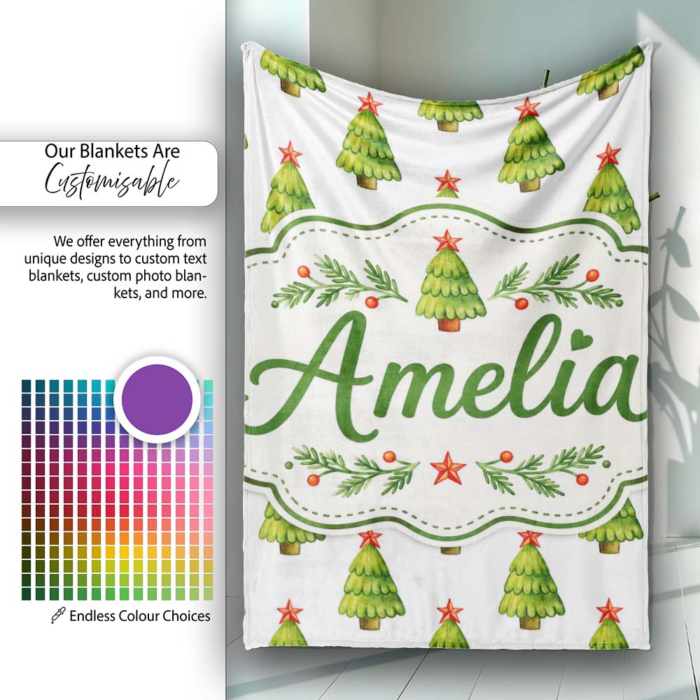Watercolor Christmas Trees with Red Star Toppers Festive Seamless Personalised Custom Name Super Soft Fleece Blanket Bed Sofa Throw