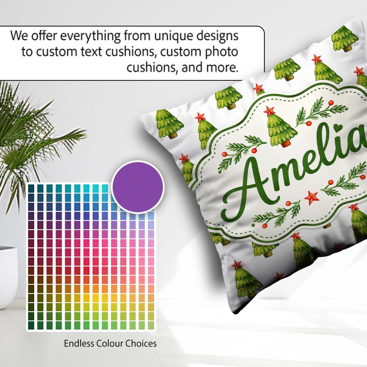 Custom Name Watercolor Christmas Trees with Star Toppers Festive Square Filled Cushion Throw Pillow Sofa Bed Home Decor Zip Washable UK Made