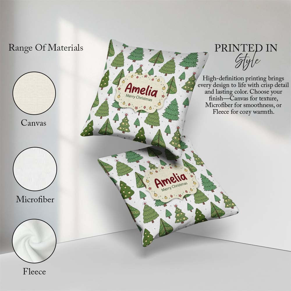Custom Name Style Christmas Trees with Ornaments Cute Seamless Square Filled Cushion Throw Pillow Sofa Bed Home Decor Zip Washable UK Made