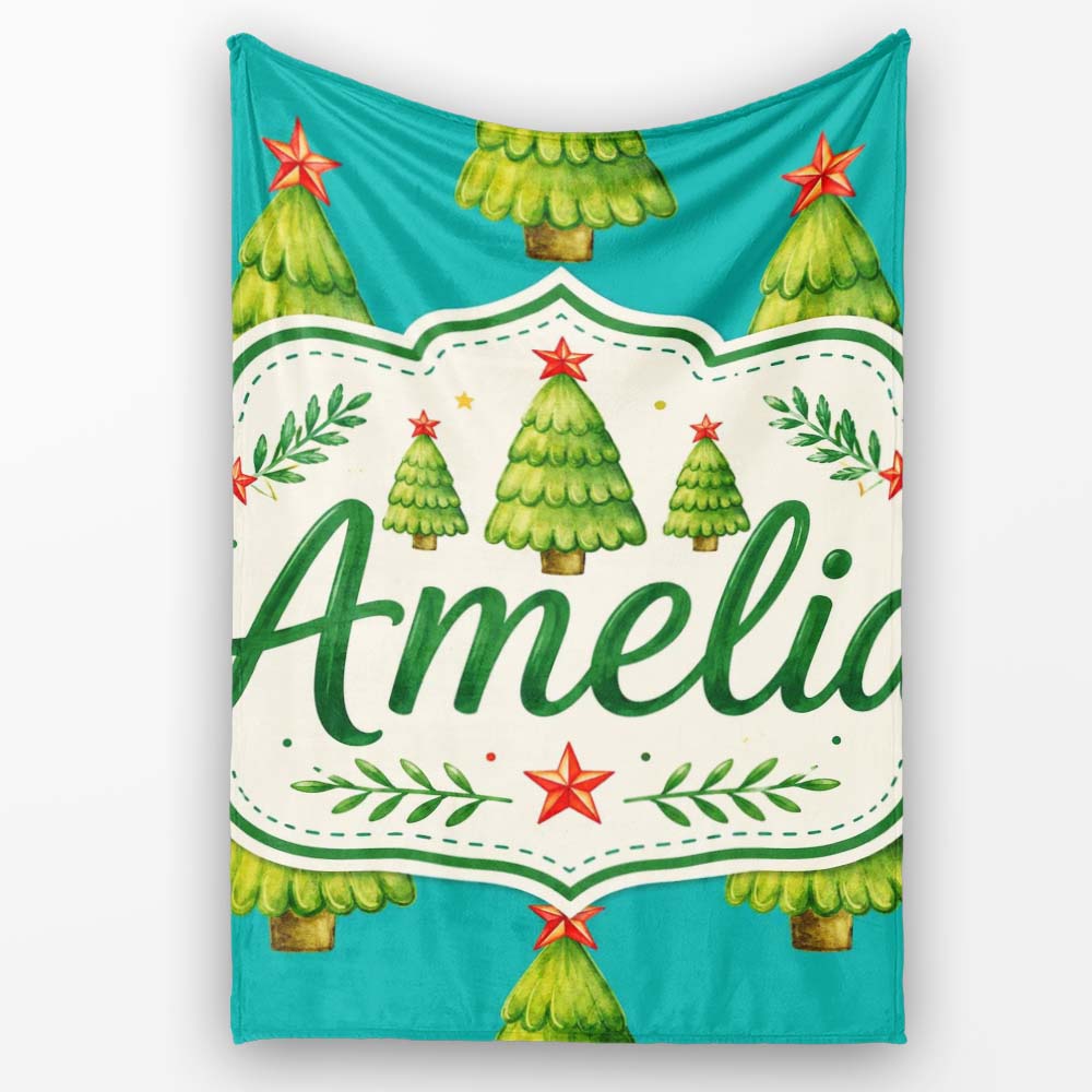 Watercolor Christmas Trees with Red Star on Teal Background Seamless Personalised Custom Name Super Soft Fleece Blanket Bed Sofa Throw