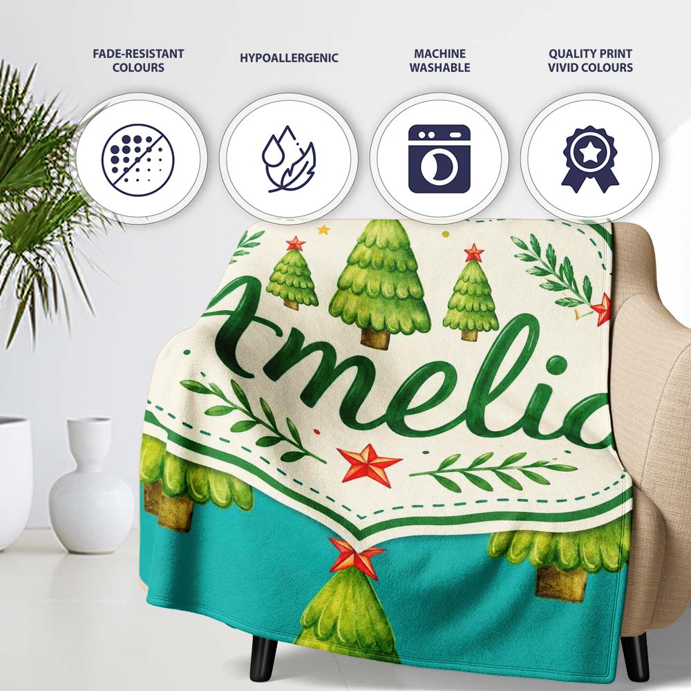 Watercolor Christmas Trees with Red Star on Teal Background Seamless Personalised Custom Name Super Soft Fleece Blanket Bed Sofa Throw