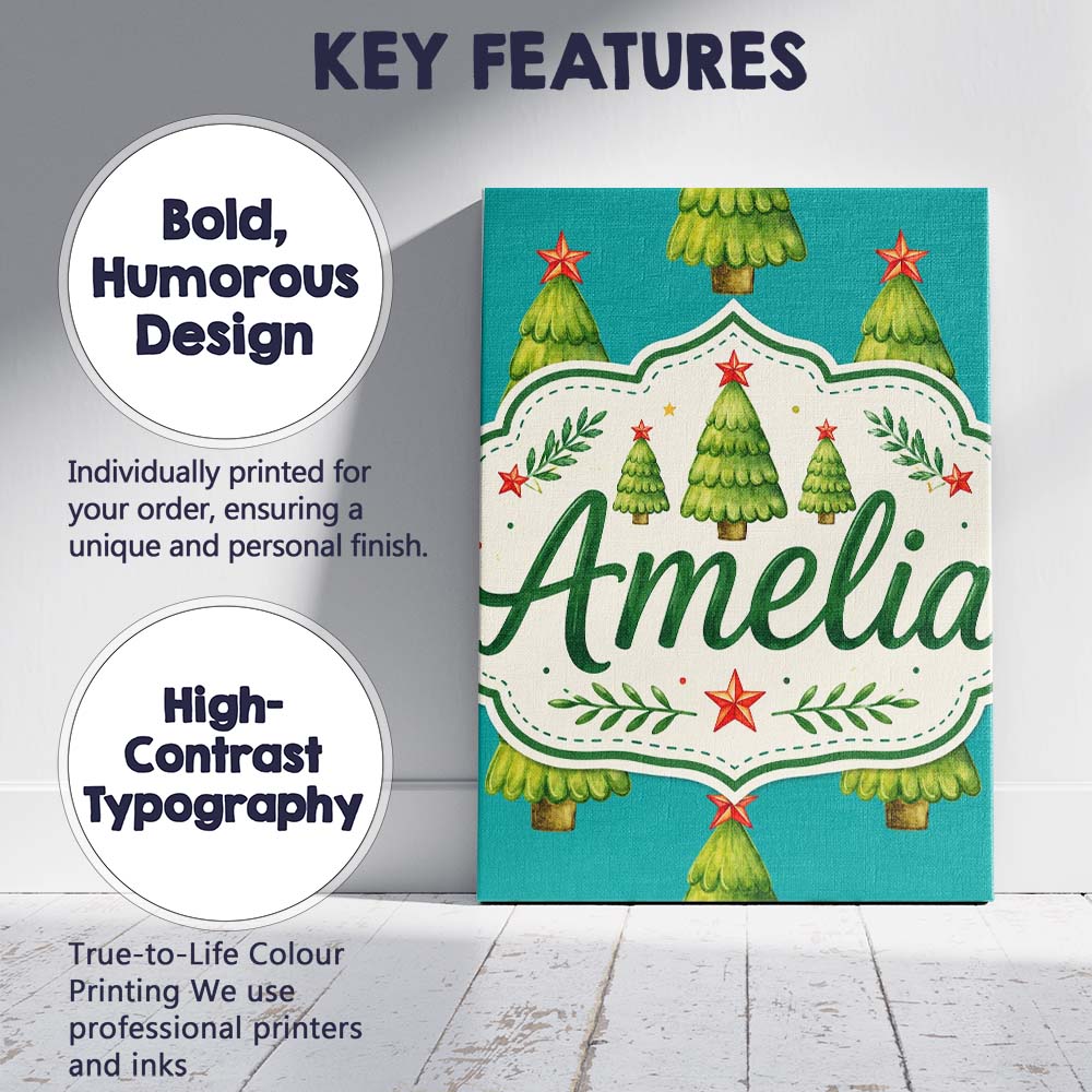 Personalised Name Watercolor Christmas Custom Modern Room Accent Elegant Feature Canvas Wall Art Print Decor Picture Ready to Hang