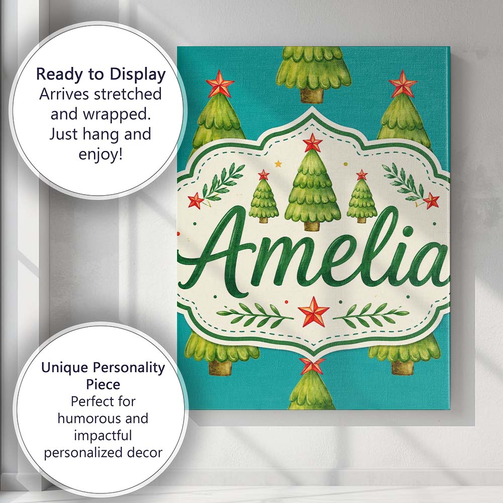 Personalised Name Watercolor Christmas Custom Modern Room Accent Elegant Feature Canvas Wall Art Print Decor Picture Ready to Hang