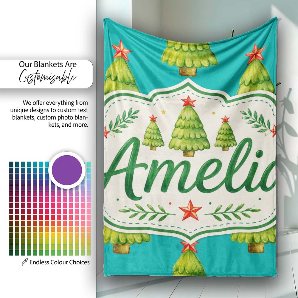 Watercolor Christmas Trees with Red Star on Teal Background Seamless Personalised Custom Name Super Soft Fleece Blanket Bed Sofa Throw
