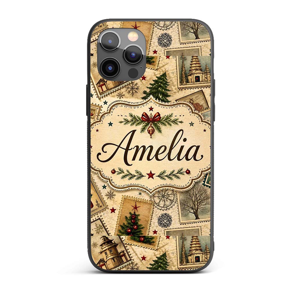Vintage Christmas Stamps with Trees Snowflakes Custom Name Protective Phone Case Mobile Cover Durable Everyday Smartphone Shock Resistant