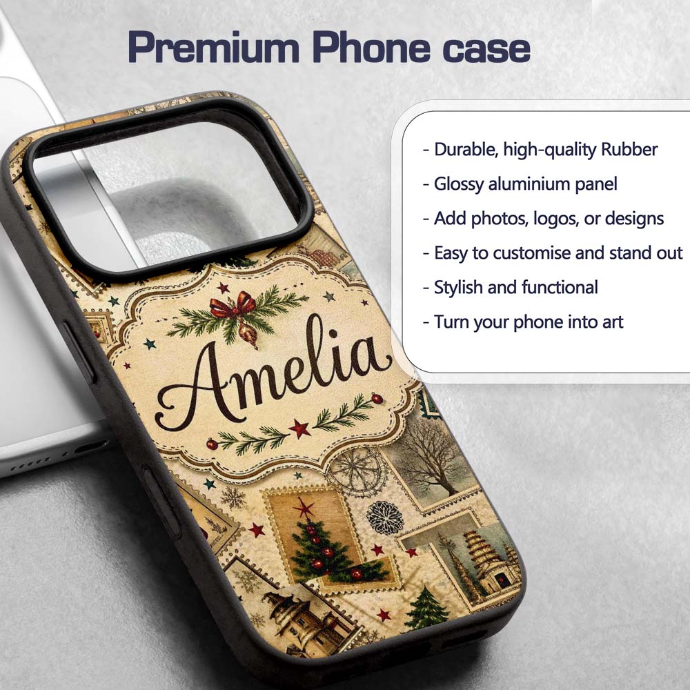 Vintage Christmas Stamps with Trees Snowflakes Custom Name Protective Phone Case Mobile Cover Durable Everyday Smartphone Shock Resistant