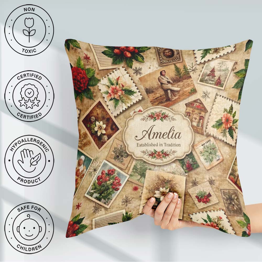 Custom Name Antique Christmas Collage with Cards and Decorations Square Filled Cushion Throw Pillow Sofa Bed Home Decor Zip Washable UK Made