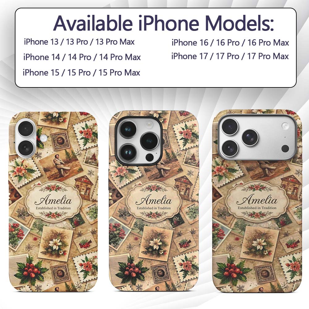 Antique Christmas Collage with Floral Cards and Custom Name Protective Phone Case Mobile Cover Durable Everyday Smartphone Shock Resistant