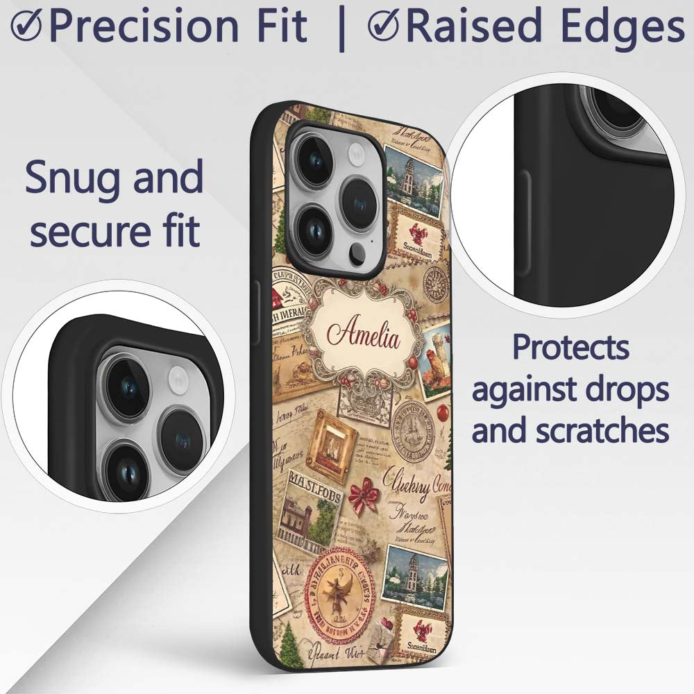 Vintage Christmas Ephemera with Letters Stamps Custom Name Protective Phone Case Mobile Cover Durable Everyday Smartphone Shock Resistant