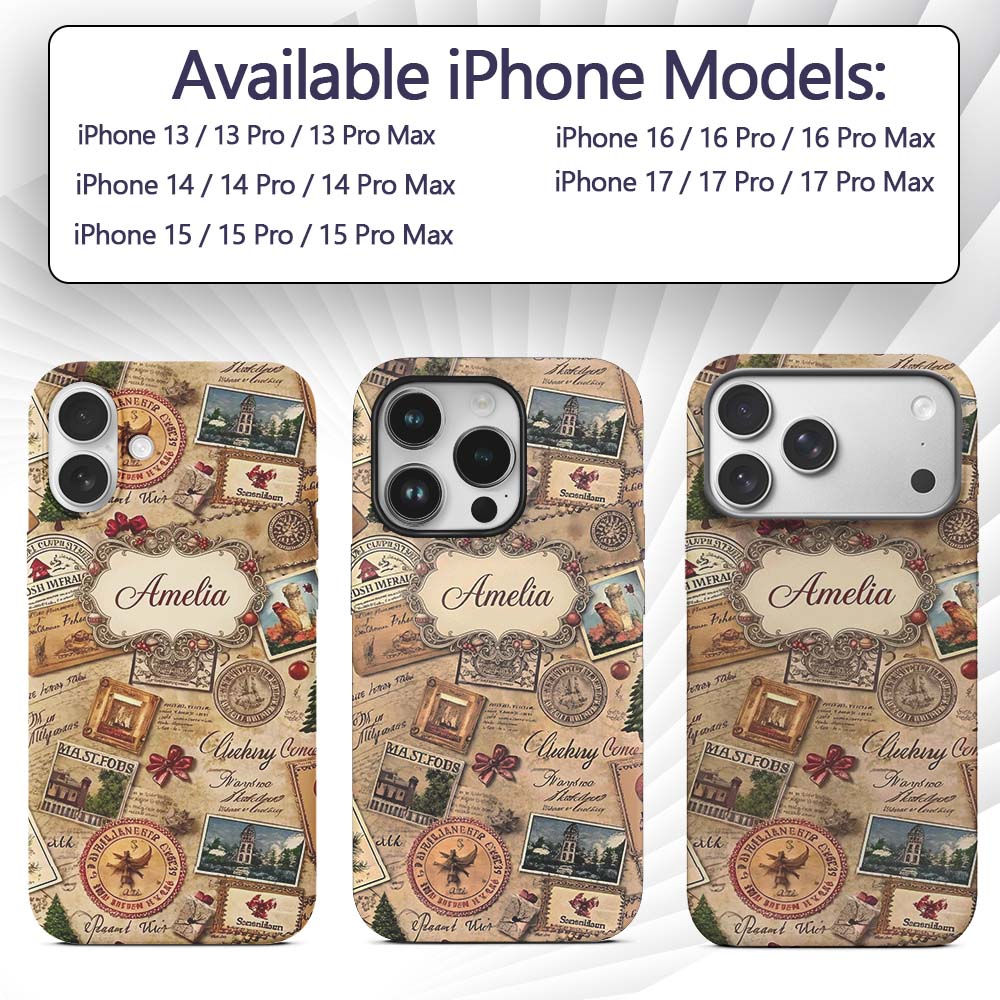 Vintage Christmas Ephemera with Letters Stamps Custom Name Protective Phone Case Mobile Cover Durable Everyday Smartphone Shock Resistant