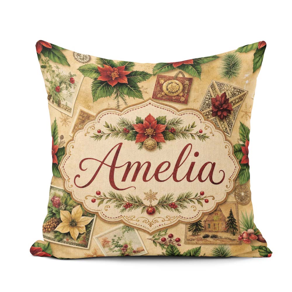 Custom Name Classic Christmas Botanical with Berries and Flowers Square Filled Cushion Throw Pillow Sofa Bed Home Decor Zip Washable UK Made