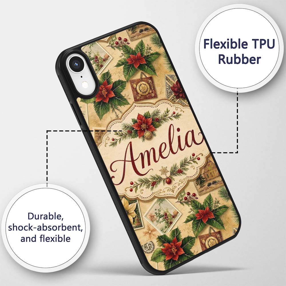 Classic Christmas Botanical Elements with Holly Custom Name Protective Phone Case Mobile Cover Durable Everyday Smartphone Shock Resistant