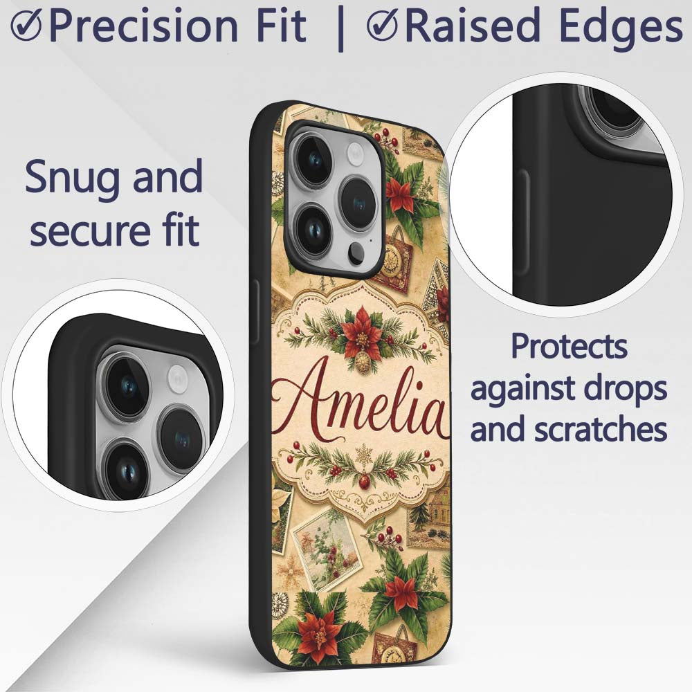 Classic Christmas Botanical Elements with Holly Custom Name Protective Phone Case Mobile Cover Durable Everyday Smartphone Shock Resistant