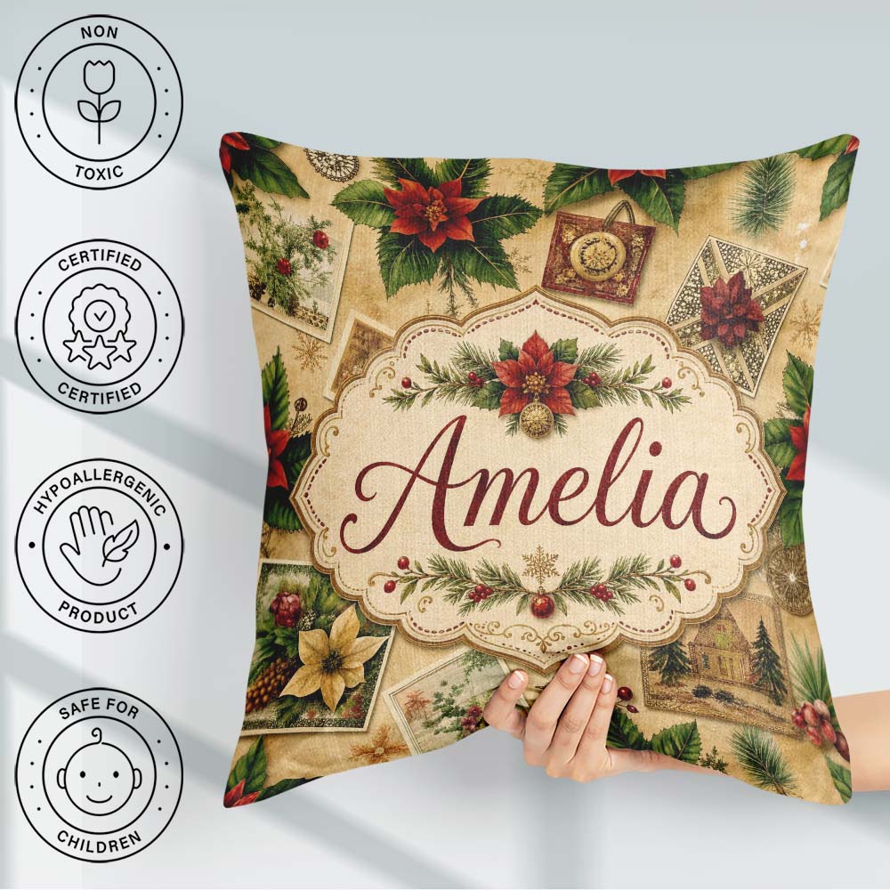 Custom Name Classic Christmas Botanical with Berries and Flowers Square Filled Cushion Throw Pillow Sofa Bed Home Decor Zip Washable UK Made