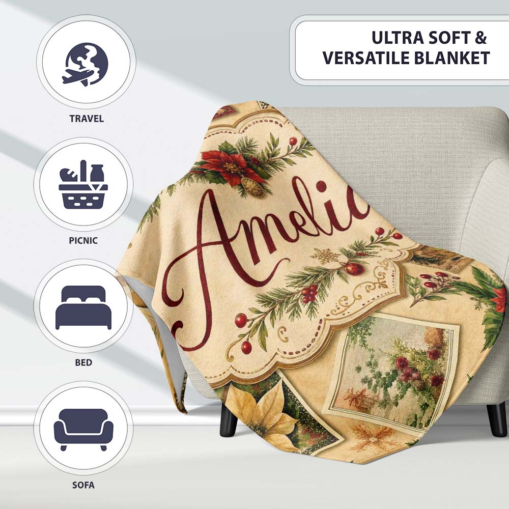 Classic Christmas Botanical Elements with Holly Berries and Flowers Personalised Custom Name Super Soft Fleece Blanket Bed Sofa Throw