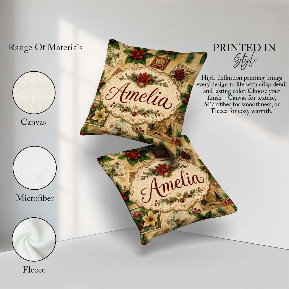 Custom Name Classic Christmas Botanical with Berries and Flowers Square Filled Cushion Throw Pillow Sofa Bed Home Decor Zip Washable UK Made